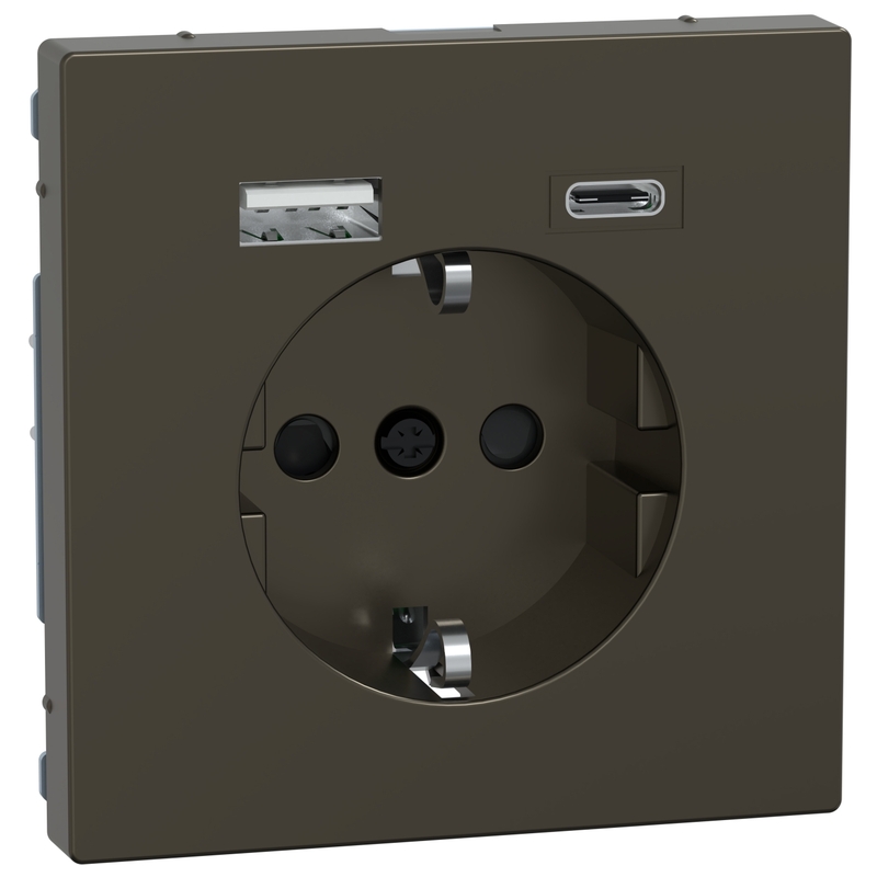 Контакт шуко 16A с 2x USB A+C 3A 15W с лицев панел цвят Мока System Design - Schneider Electric Merten System Design MEG2367-6052
