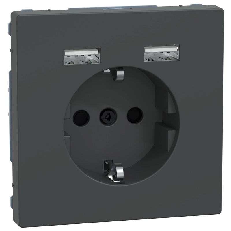 Контакт шуко 16A с 2x USB тип А 2.4A 12W с лицев панел Антрацит System Design - Schneider Electric Merten System Design MEG2366-6034