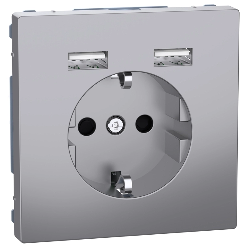 Контакт шуко 16A с 2x USB тип А 2.4A 12W с лицев панел Неръждаема стомана System Design - Schneider Electric Merten System Design MEG2366-6036