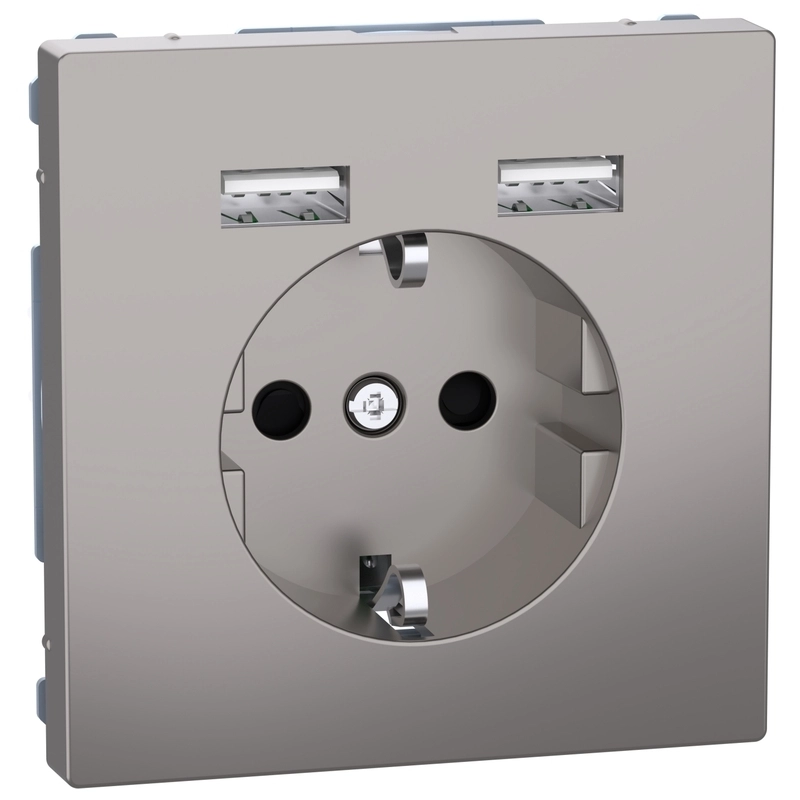 Контакт шуко 16A с 2x USB тип А 2.4A 12W с лицев панел Никел System Design - Schneider Electric Merten System Design MEG2366-6050