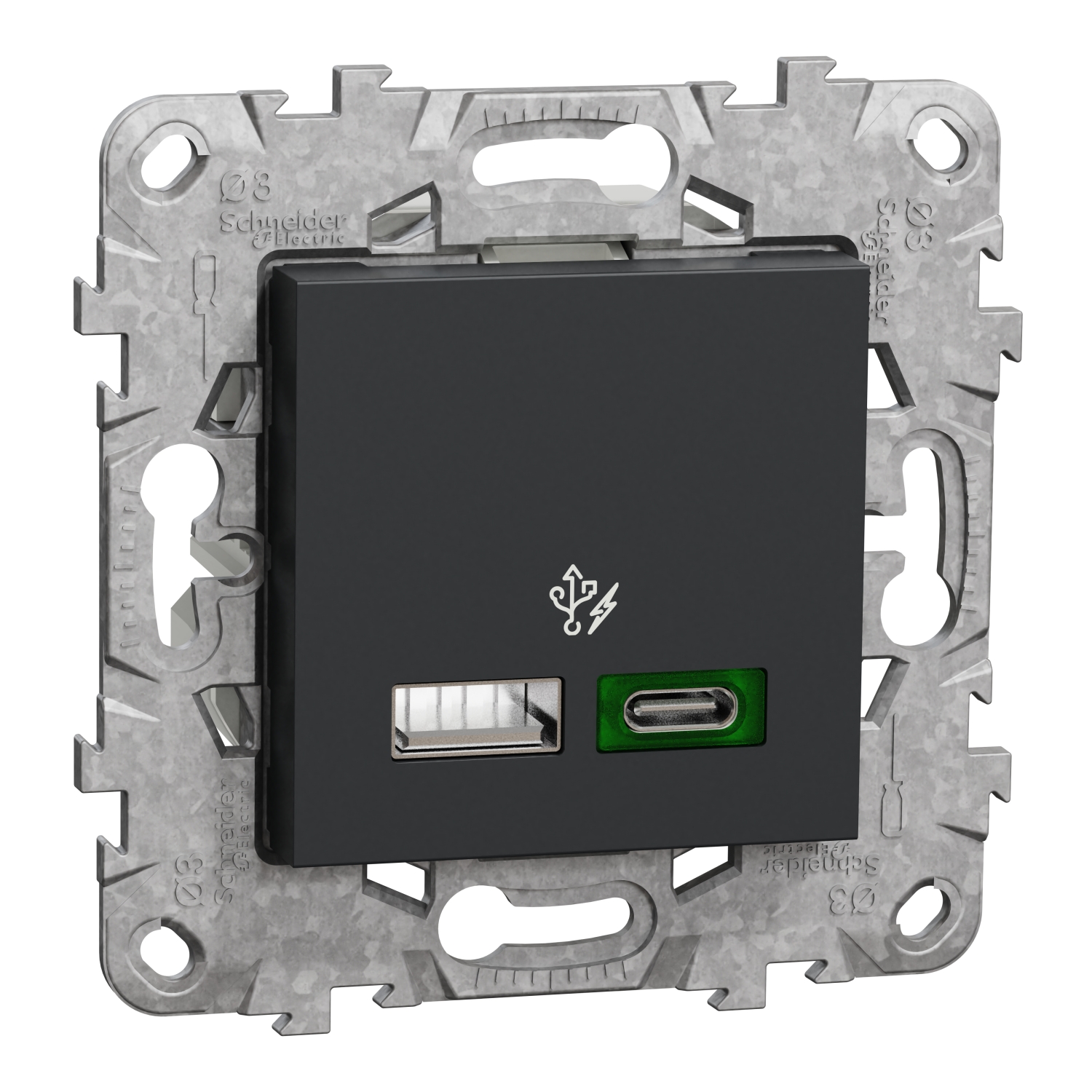 Двойно USB зарядно тип A+C, quick charge 45W, 2M, Антрацит - Schneider Electric Unica NEW NU501354