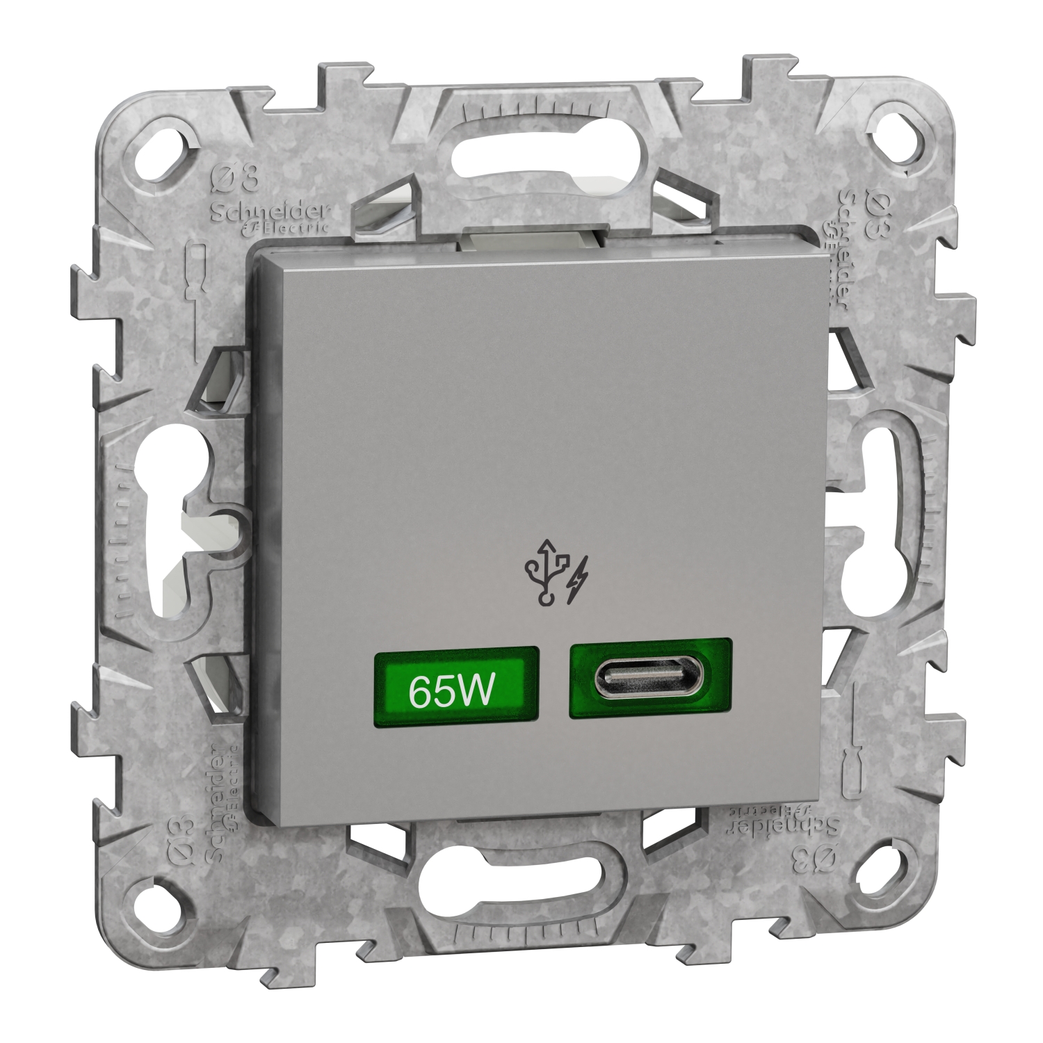 Единично USB Quick Charge зарядно тип C 65W, 1M, Алуминий - Schneider Electric Unica NEW NU501430