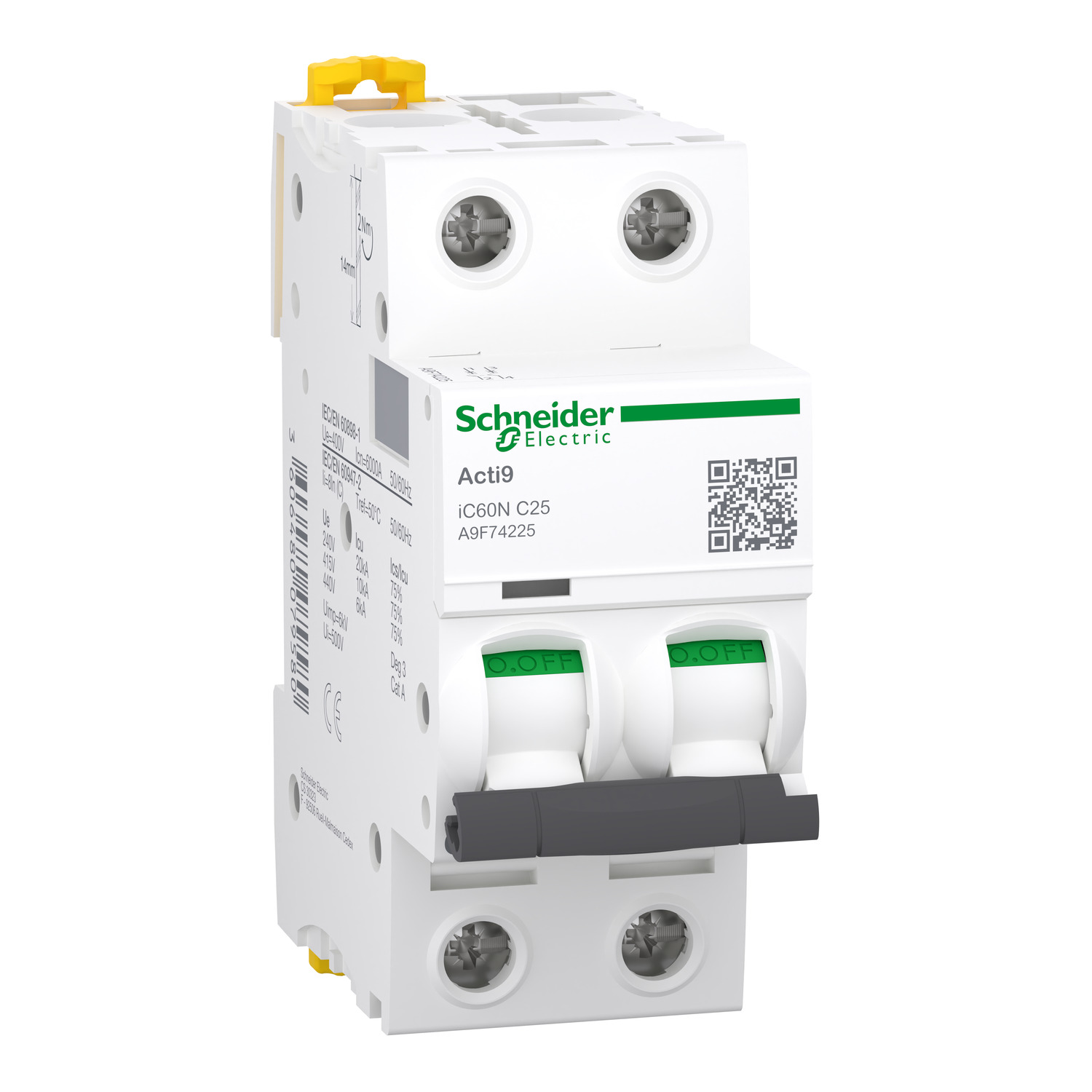 Миниатюрен Автоматичен прекъсвач iC60N за монтаж на DIN шина - 2P - 25A - крива C - SCHNEIDER ELECTRIC Acti 9 iC60 A9F74225