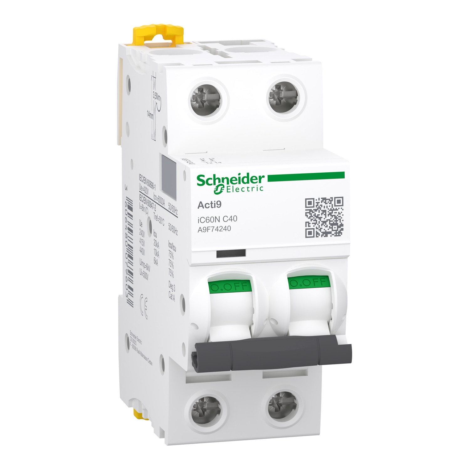 Миниатюрен Автоматичен прекъсвач iC60N за монтаж на DIN шина - 2P - 40A - крива C - SCHNEIDER ELECTRIC Acti 9 iC60 A9F74240