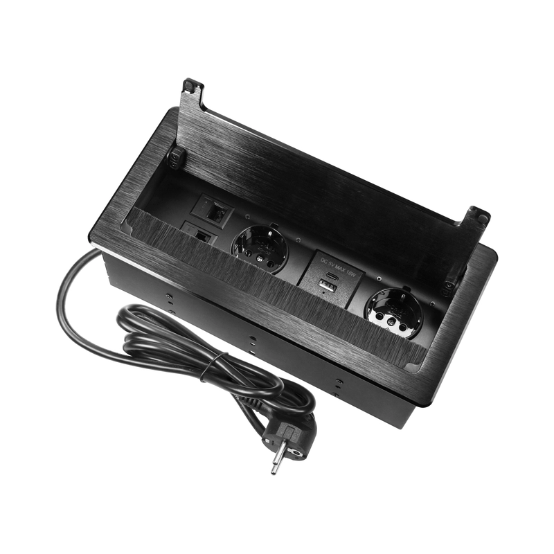 Furniture box 2x 2P+E Schuko 2x USB A+C 3.6A and 2x RJ45 cat.5E Black with cable 1.5m - Orno OR-GM-9041(GS)/B