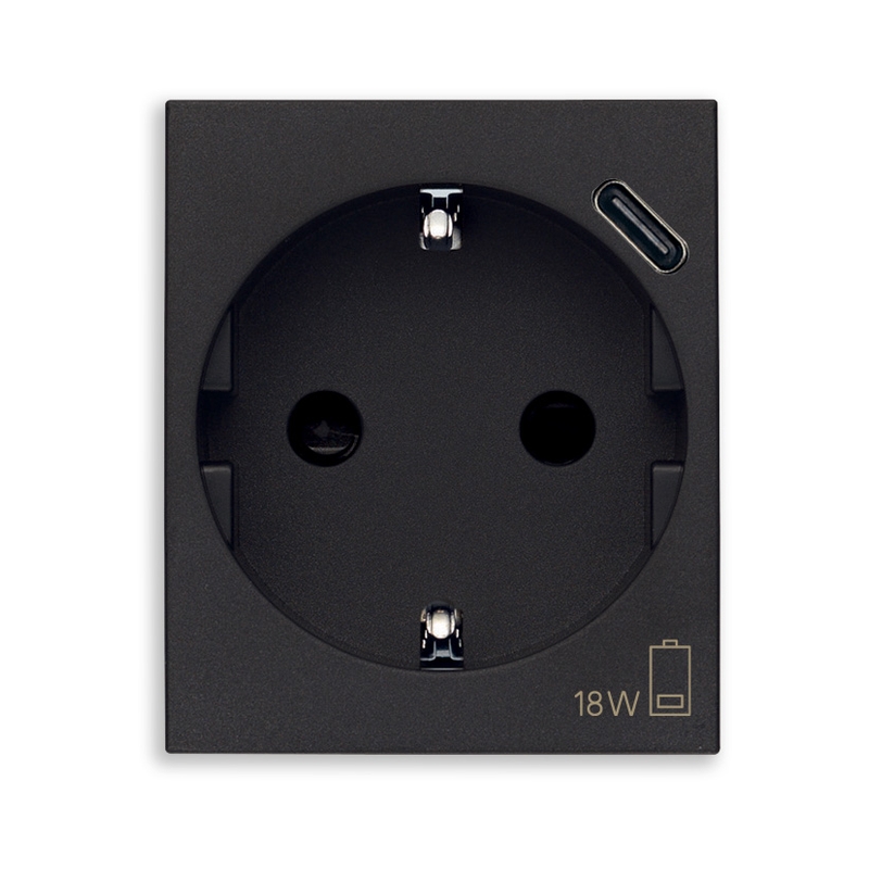 Контакт Шуко 2P+E 16A и USB тип C max 18W 2M Black - VIMAR LINEA 30208.USBG