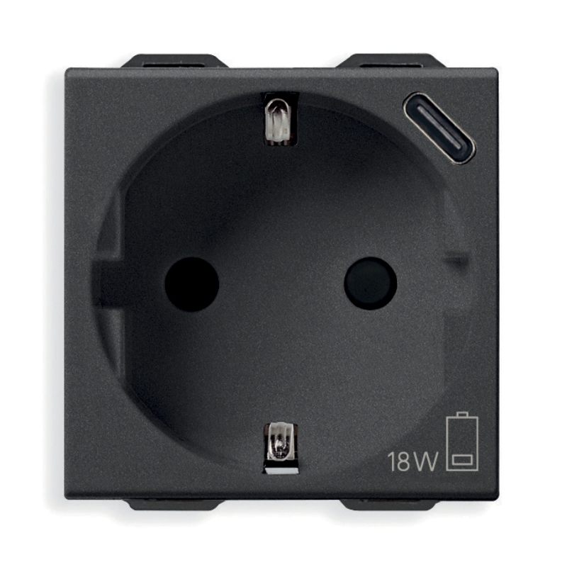 Контакт Шуко 2P+E 16A и USB тип C max 18W 2M Карбон мат - VIMAR Neve Up 09208.USB.CM
