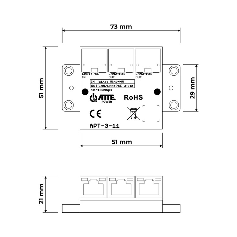 1xPoE IN 2xPoE Out мрежов суич 10/100 - ATTE Power APT-3-11