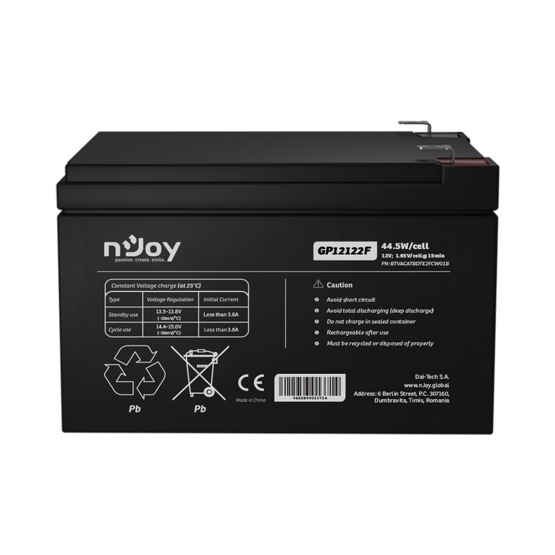 Батерия 12V 445W/cell - 12Ah Тип VRLA без поддръжка F2(T2) конектор - NJOY GP12122F