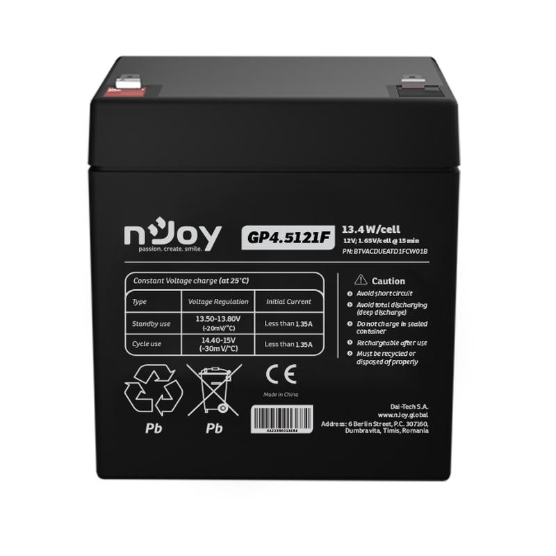 Батерия 12V 134W/cell - 4.5Ah Тип VRLA без поддръжка T1 конектор - NJOY GP4.5121F