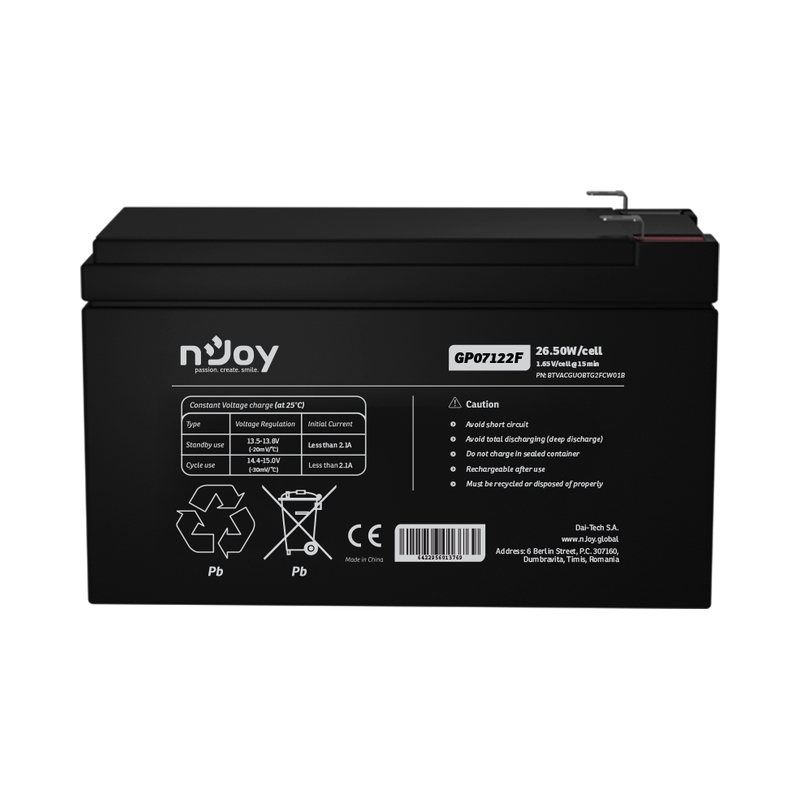 Батерия 12V 265W/cell - 7Ah Тип VRLA без поддръжка F2(T2) конектор - NJOY GP07122F