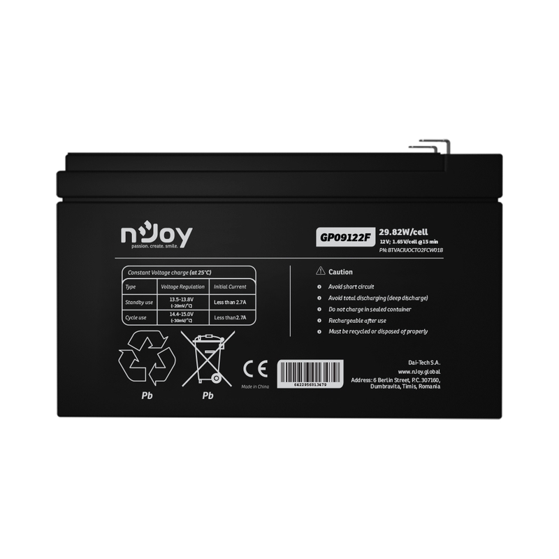 Батерия 12V 2982W/cell - 9Ah Тип VRLA без поддръжка F2 конектор - NJOY GP09122F