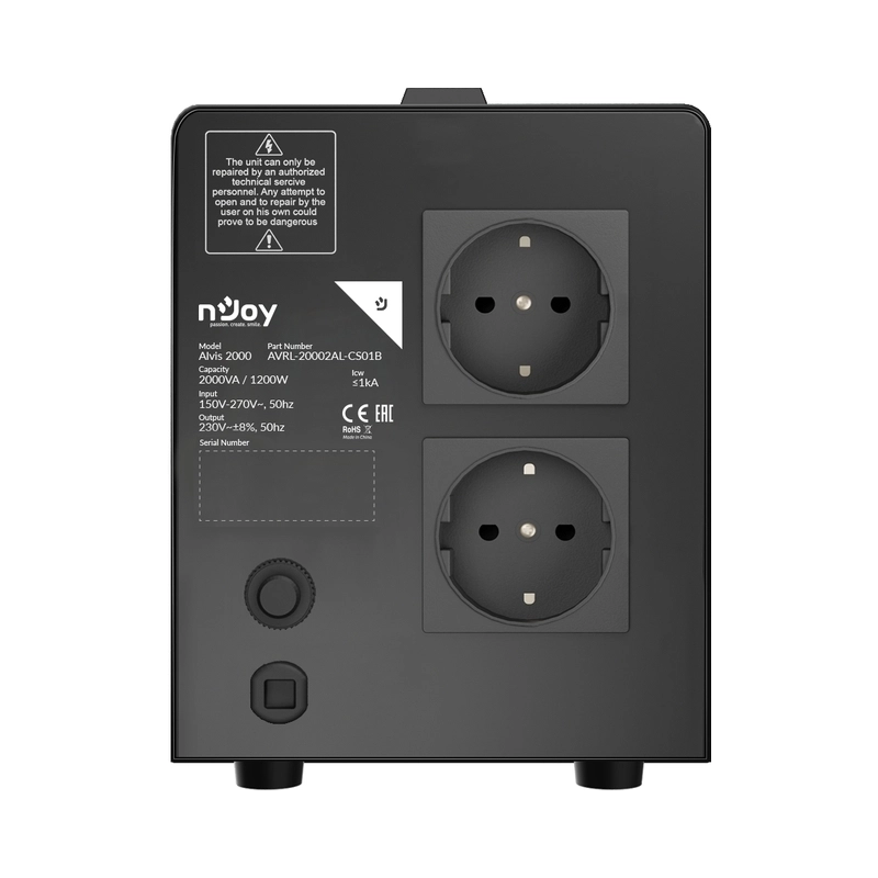Стабилизатор на напрежение 2000VA/1200W с delay-time функция 3 минути или 10 секунди; 2x шуко контакт - NJOY Alvis 2000