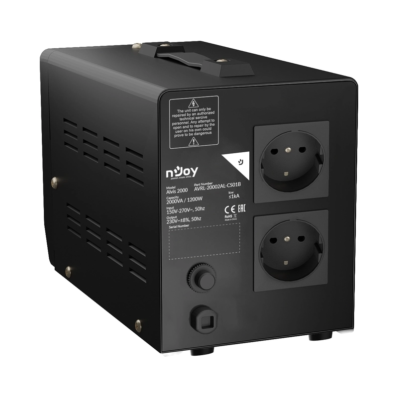 Стабилизатор на напрежение 2000VA/1200W с delay-time функция 3 минути или 10 секунди; 2x шуко контакт - NJOY Alvis 2000
