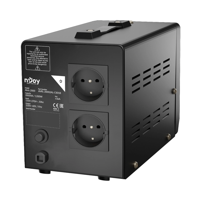 Стабилизатор на напрежение 2000VA/1200W с delay-time функция 3 минути или 10 секунди; 2x шуко контакт - NJOY Alvis 2000