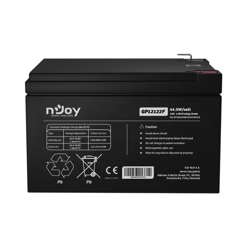 Батерия 12V 445W/cell - 12Ah Тип VRLA без поддръжка F2(T2) конектор - NJOY GP12122F