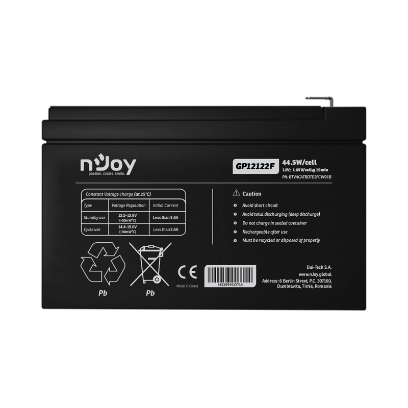 Батерия 12V 445W/cell - 12Ah Тип VRLA без поддръжка F2(T2) конектор - NJOY GP12122F