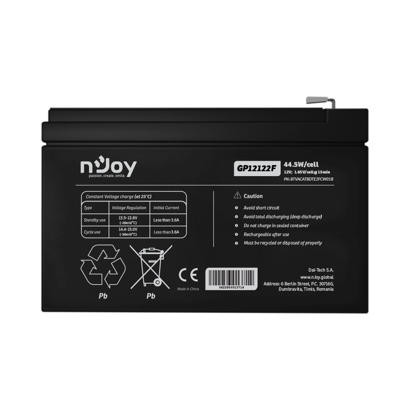 Батерия 12V 445W/cell - 12Ah Тип VRLA без поддръжка F2(T2) конектор - NJOY GP12122F