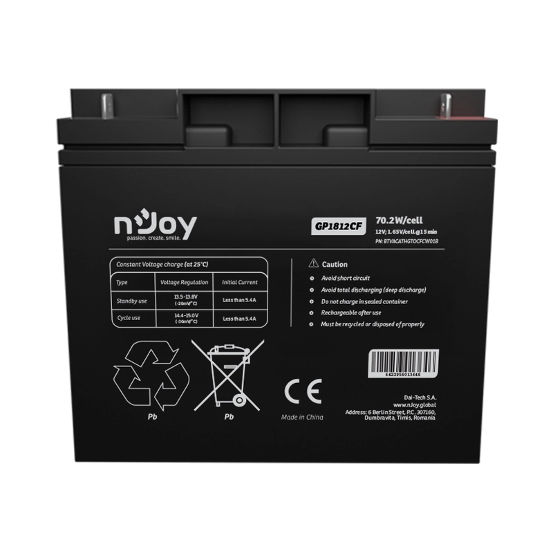 Батерия 12V 70,2W/cell - 18Ah Тип VRLA без поддръжка T3 конектор - NJOY GP1812CF