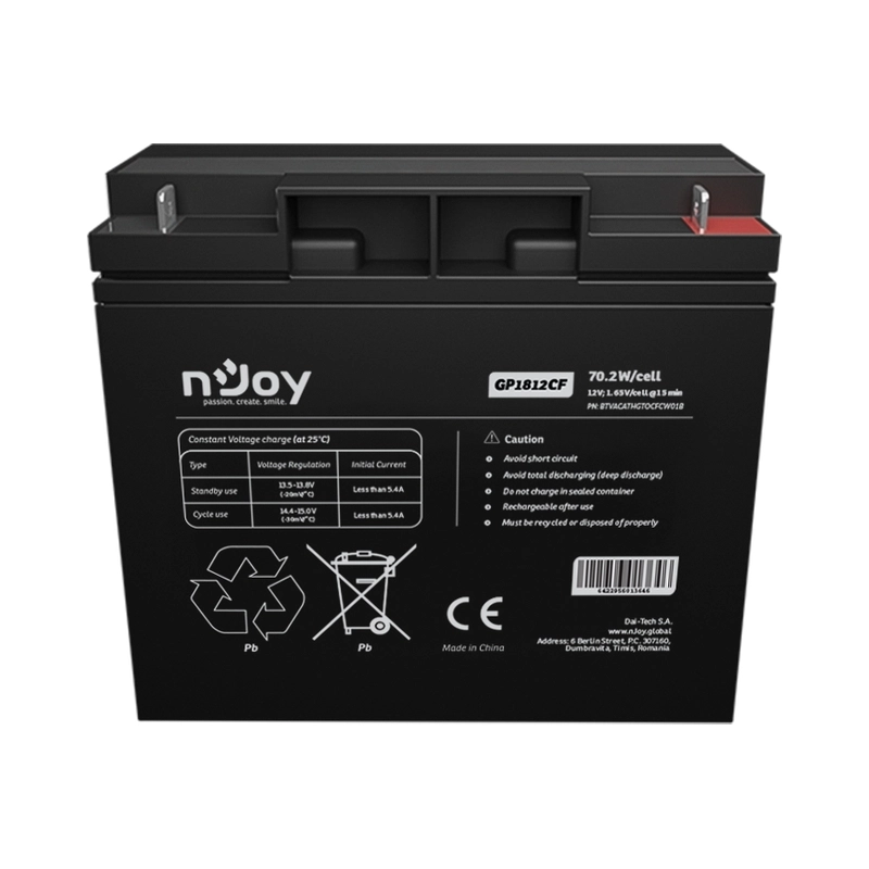 Батерия 12V 70,2W/cell - 18Ah Тип VRLA без поддръжка T3 конектор - NJOY GP1812CF