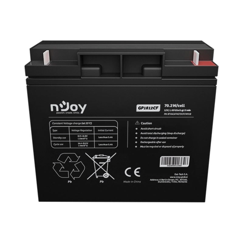 Батерия 12V 70,2W/cell - 18Ah Тип VRLA без поддръжка T3 конектор - NJOY GP1812CF