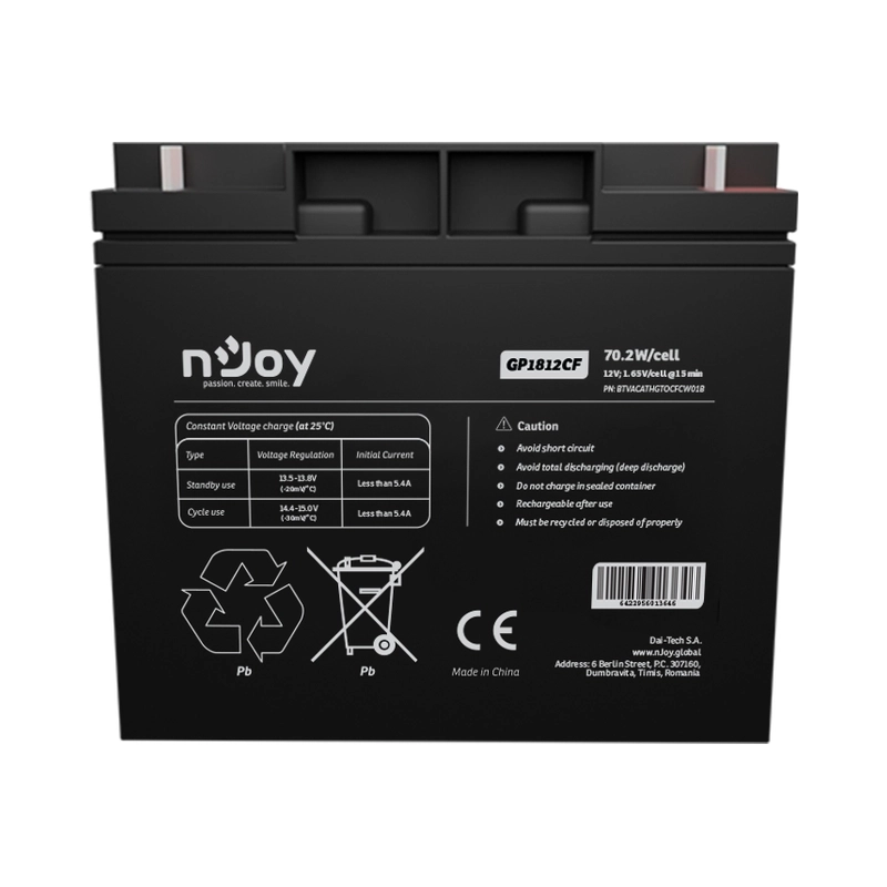 Батерия 12V 70,2W/cell - 18Ah Тип VRLA без поддръжка T3 конектор - NJOY GP1812CF