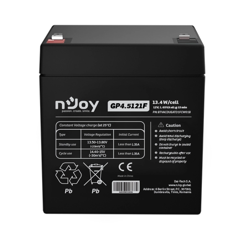 Батерия 12V 134W/cell - 45Ah Тип VRLA без поддръжка T1 конектор - NJOY GP4.5121F