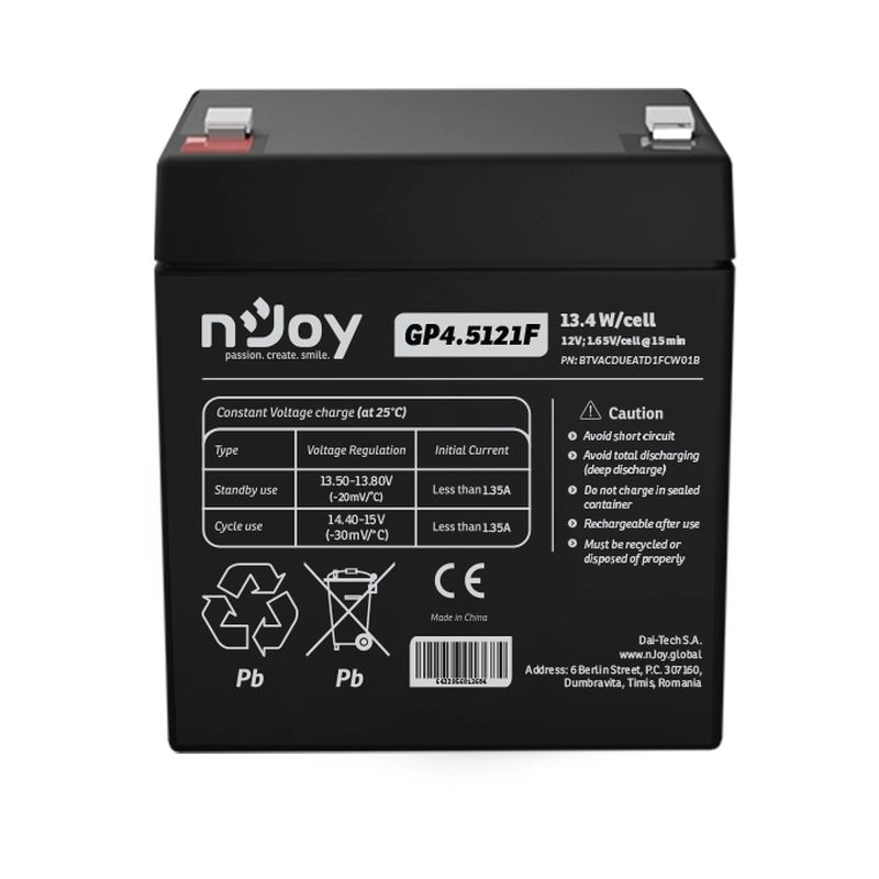Батерия 12V 134W/cell - 45Ah Тип VRLA без поддръжка T1 конектор - NJOY GP4.5121F