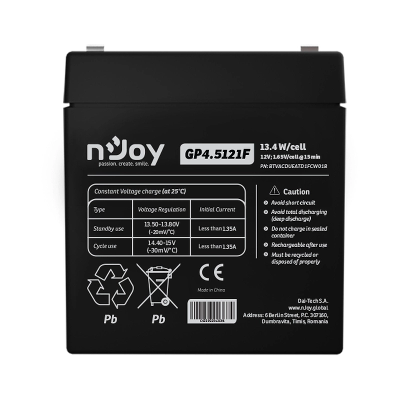 Батерия 12V 134W/cell - 45Ah Тип VRLA без поддръжка T1 конектор - NJOY GP4.5121F