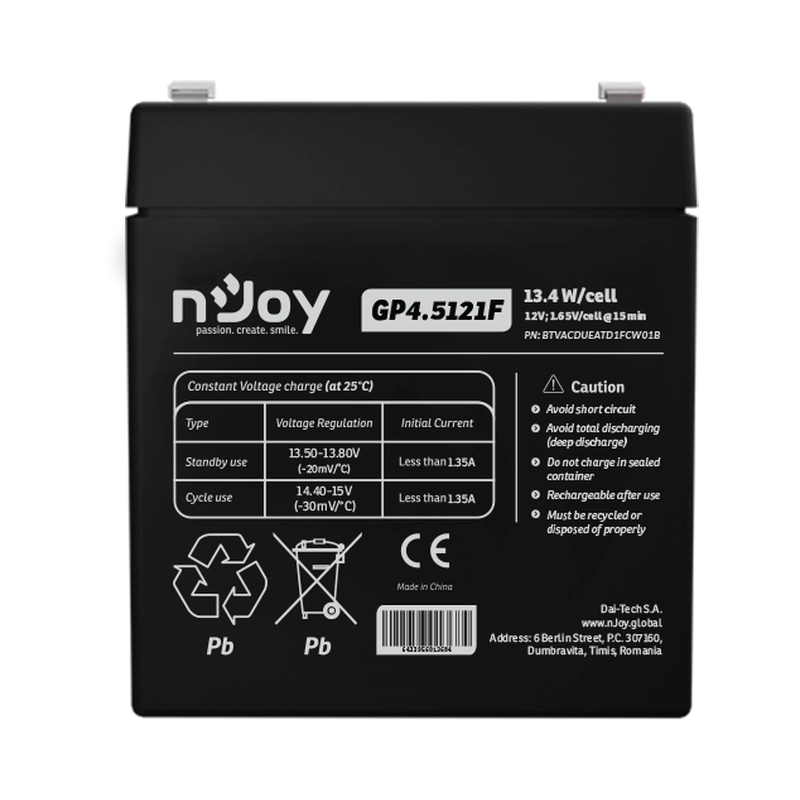 Батерия 12V 134W/cell - 45Ah Тип VRLA без поддръжка T1 конектор - NJOY GP4.5121F