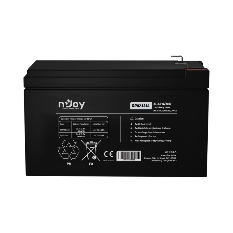 Батерия 12V 21,4W/cell - 7Ah Тип VRLA без поддръжка F1(T1) конектор - NJOY GP07121L