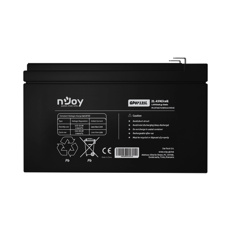 Батерия 12V 21,4W/cell - 7Ah Тип VRLA без поддръжка F1(T1) конектор - NJOY GP07121L