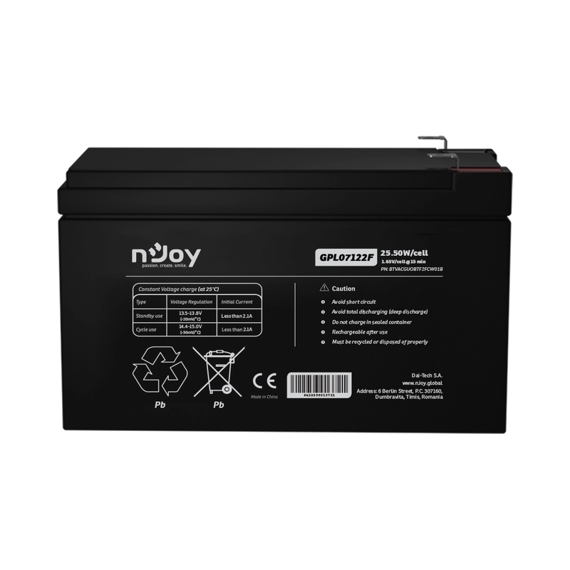 Батерия 12V 25,5W/cell - 7Ah Тип VRLA без поддръжка F2 конектор Удължена гаранция - NJOY GPL07122F