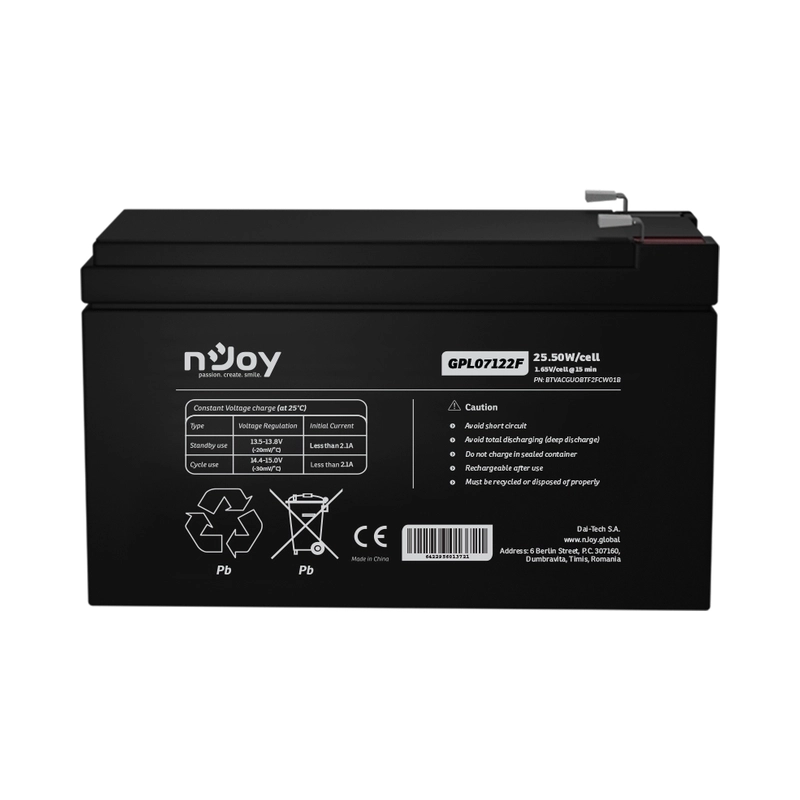 Батерия 12V 25,5W/cell - 7Ah Тип VRLA без поддръжка F2 конектор Удължена гаранция - NJOY GPL07122F