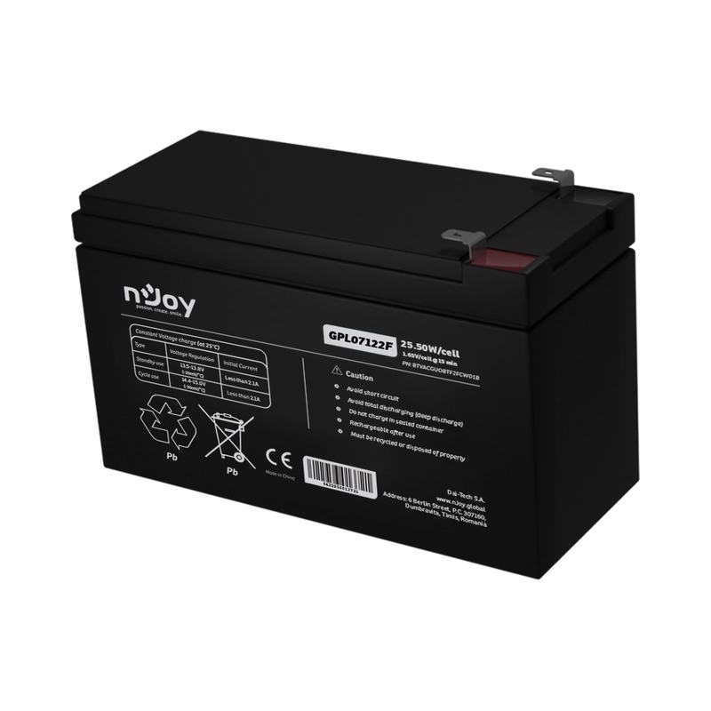 Батерия 12V 25,5W/cell - 7Ah Тип VRLA без поддръжка F2 конектор Удължена гаранция - NJOY GPL07122F