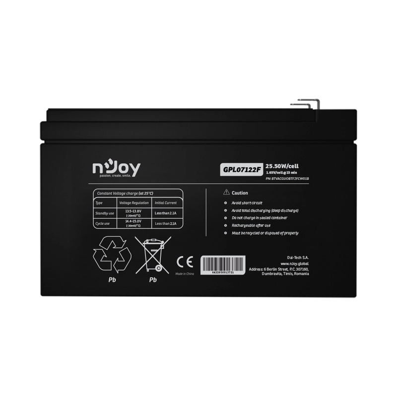 Батерия 12V 25,5W/cell - 7Ah Тип VRLA без поддръжка F2 конектор Удължена гаранция - NJOY GPL07122F