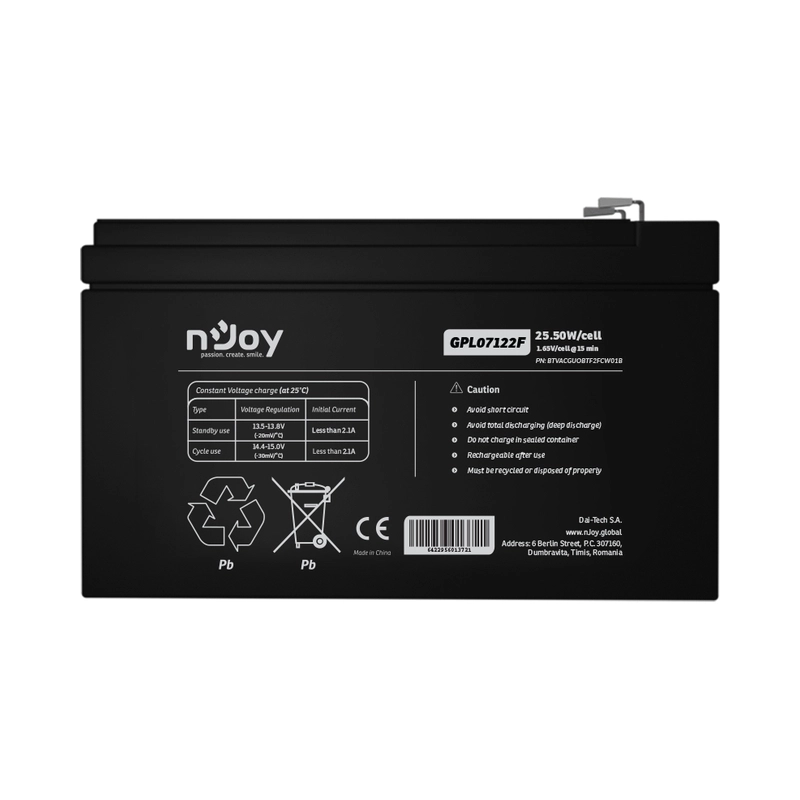 Батерия 12V 25,5W/cell - 7Ah Тип VRLA без поддръжка F2 конектор Удължена гаранция - NJOY GPL07122F