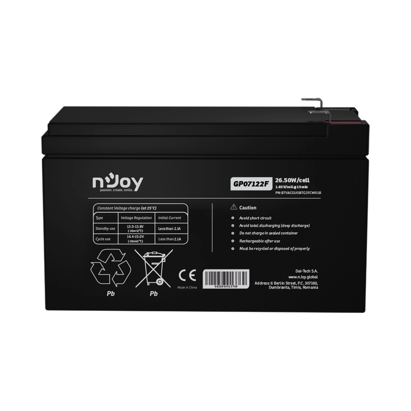 Батерия 12V 265W/cell - 7Ah Тип VRLA без поддръжка F2(T2) конектор - NJOY GP07122F