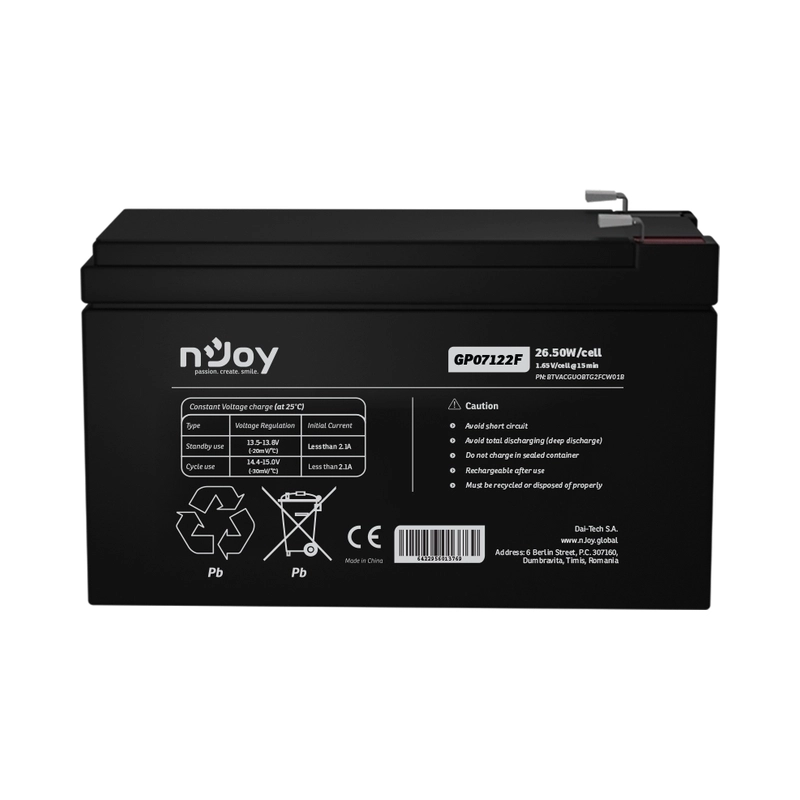 Батерия 12V 265W/cell - 7Ah Тип VRLA без поддръжка F2(T2) конектор - NJOY GP07122F