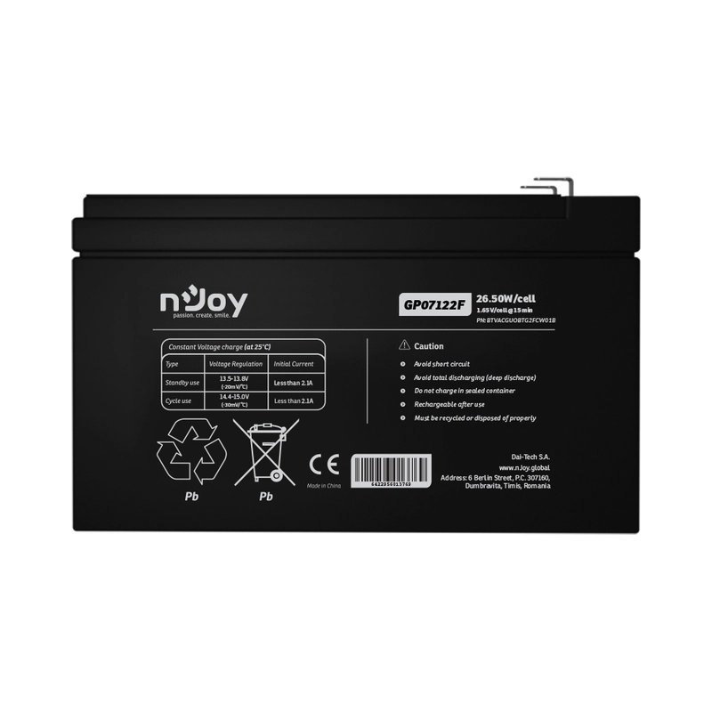 Батерия 12V 265W/cell - 7Ah Тип VRLA без поддръжка F2(T2) конектор - NJOY GP07122F