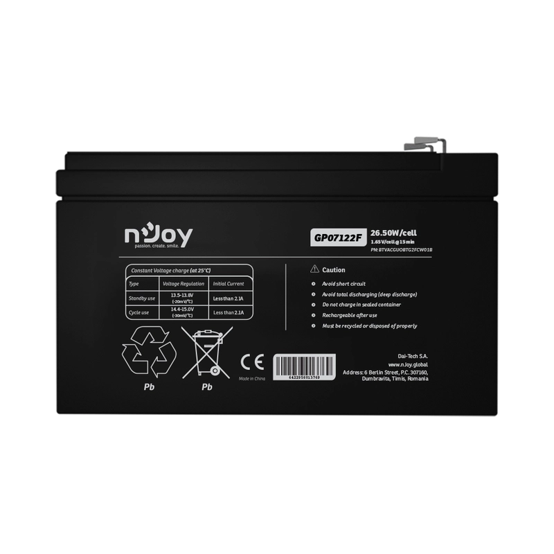 Батерия 12V 265W/cell - 7Ah Тип VRLA без поддръжка F2(T2) конектор - NJOY GP07122F