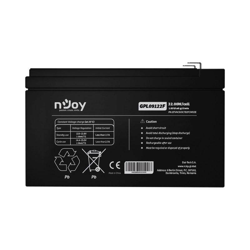 Батерия 12V 32,00 W/cell - 9Ah Тип VRLA без поддръжка F2 конектор Живот до 9 годин - NJOY GPL09122F