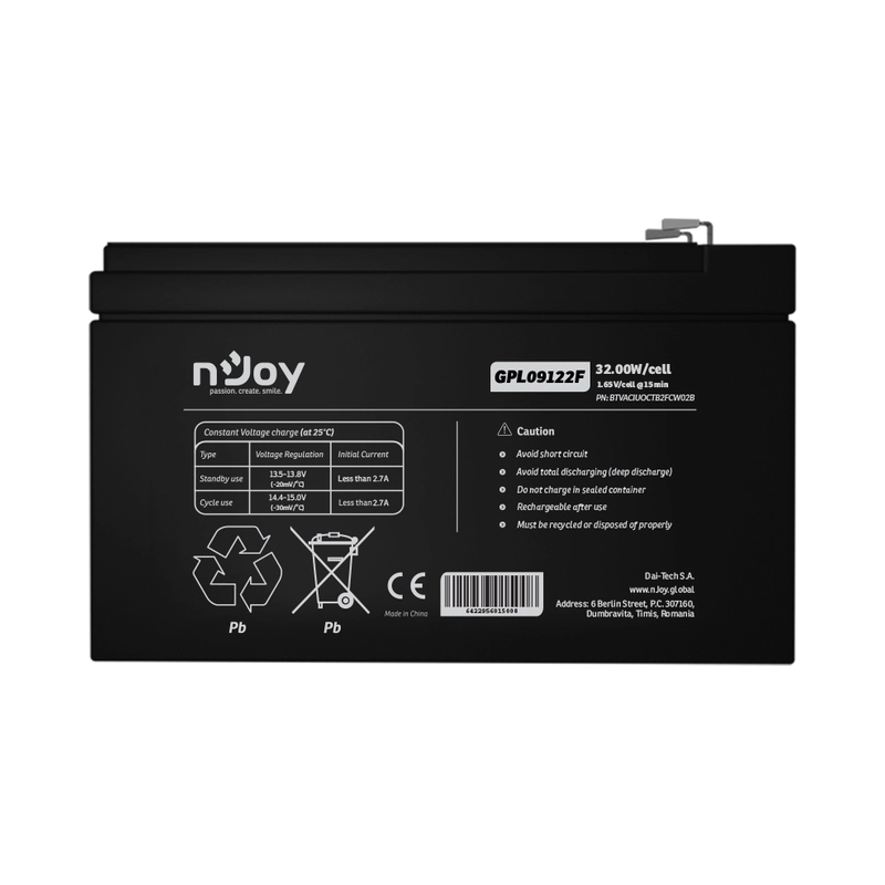 Батерия 12V 32,00 W/cell - 9Ah Тип VRLA без поддръжка F2 конектор Живот до 9 годин - NJOY GPL09122F