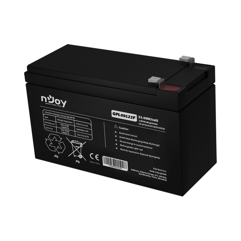 Батерия 12V 32,00 W/cell - 9Ah Тип VRLA без поддръжка F2 конектор Живот до 9 годин - NJOY GPL09122F