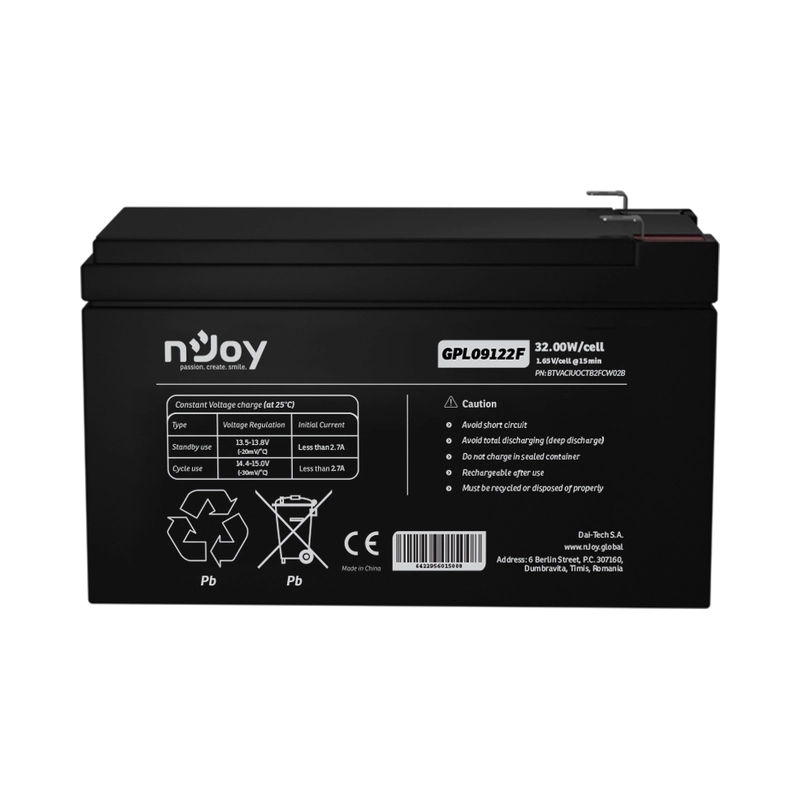 Батерия 12V 32,00 W/cell - 9Ah Тип VRLA без поддръжка F2 конектор Живот до 9 годин - NJOY GPL09122F
