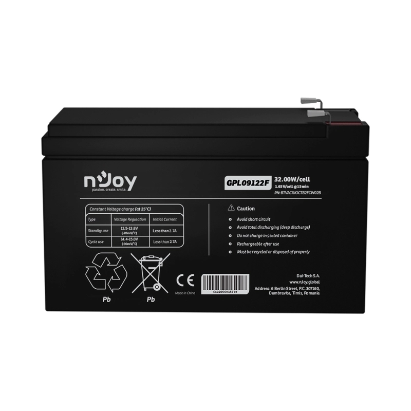 Батерия 12V 32,00 W/cell - 9Ah Тип VRLA без поддръжка F2 конектор Живот до 9 годин - NJOY GPL09122F