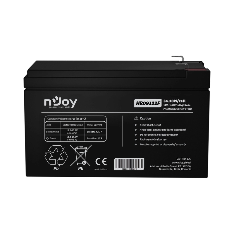 Батерия 12V 3430W/cell - 9Ah HR Бързоразрядна F2 конектор Тип VRLA - NJOY HR09122F