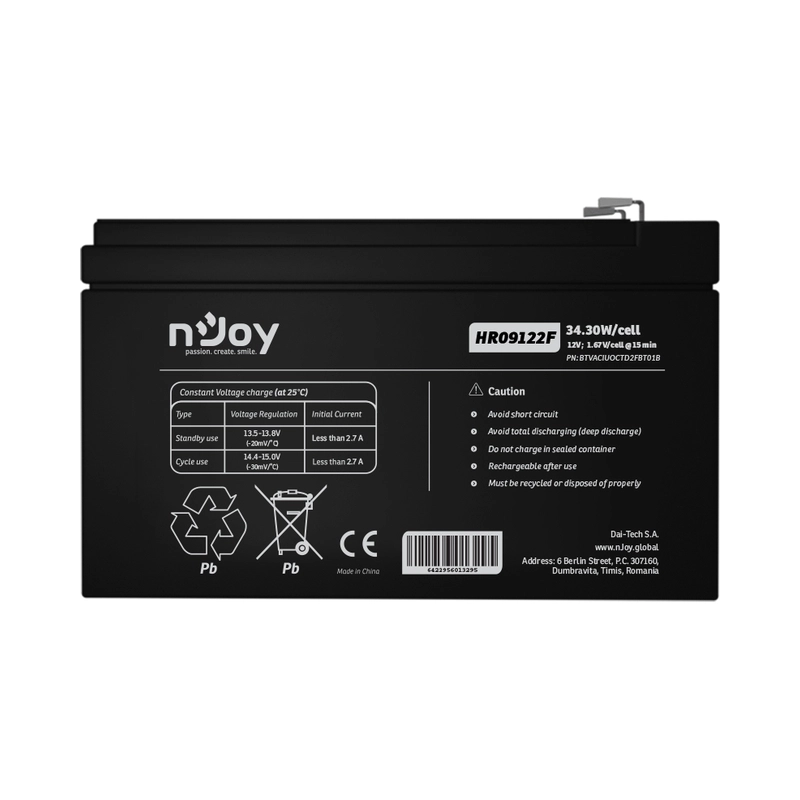 Батерия 12V 3430W/cell - 9Ah HR Бързоразрядна F2 конектор Тип VRLA - NJOY HR09122F