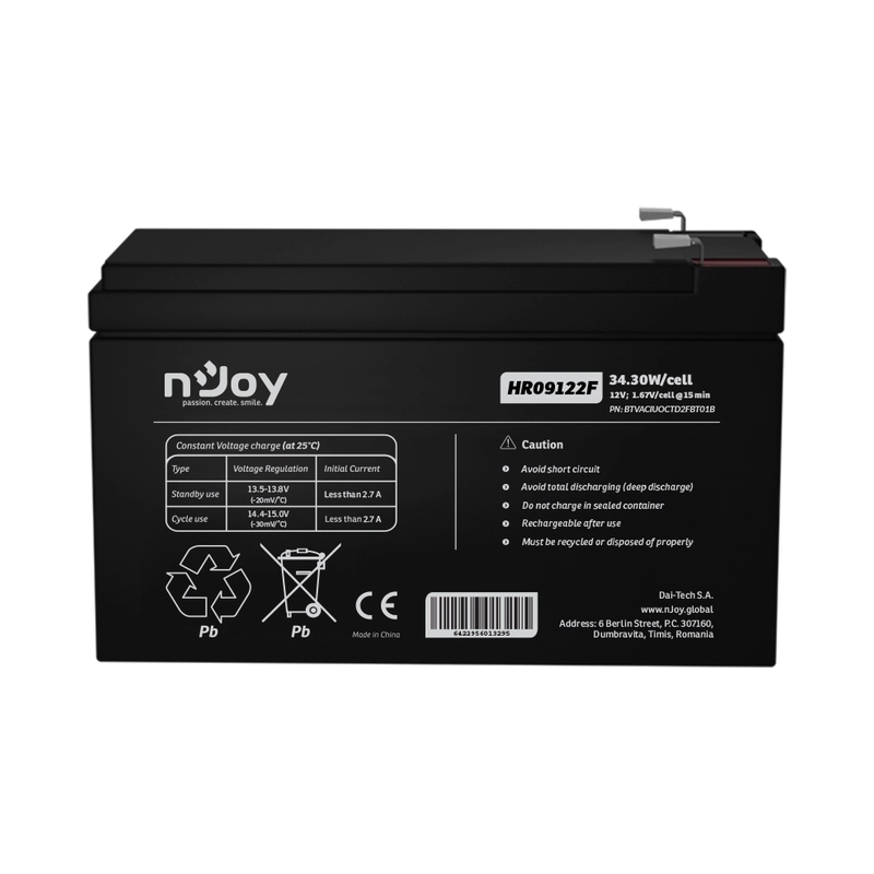 Батерия 12V 3430W/cell - 9Ah HR Бързоразрядна F2 конектор Тип VRLA - NJOY HR09122F