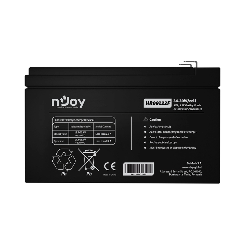 Батерия 12V 3430W/cell - 9Ah HR Бързоразрядна F2 конектор Тип VRLA - NJOY HR09122F